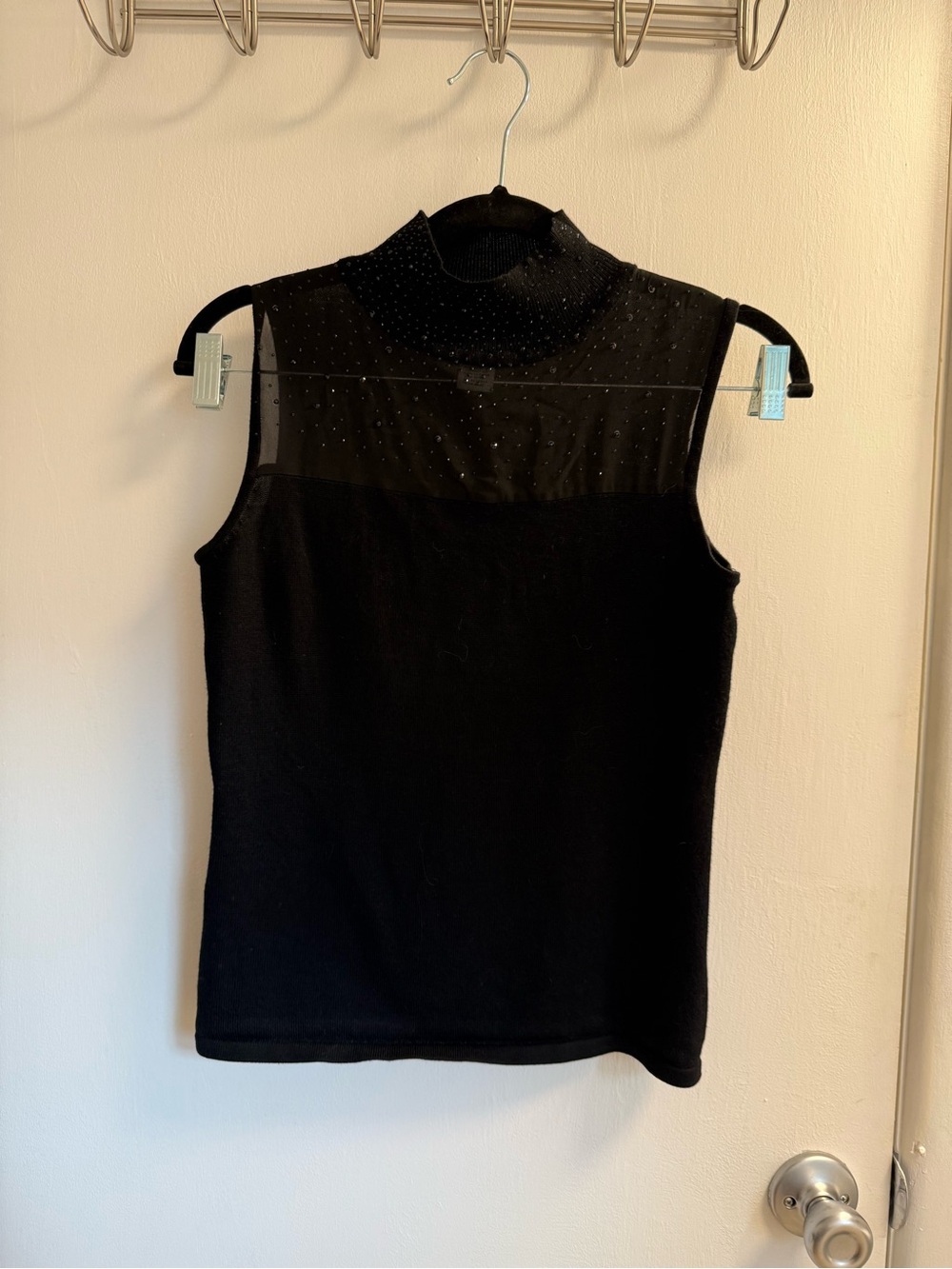 Carmen Marc Valvo Black Sleeveless Mock Neck Tank with Sheer Embellished Yoke
